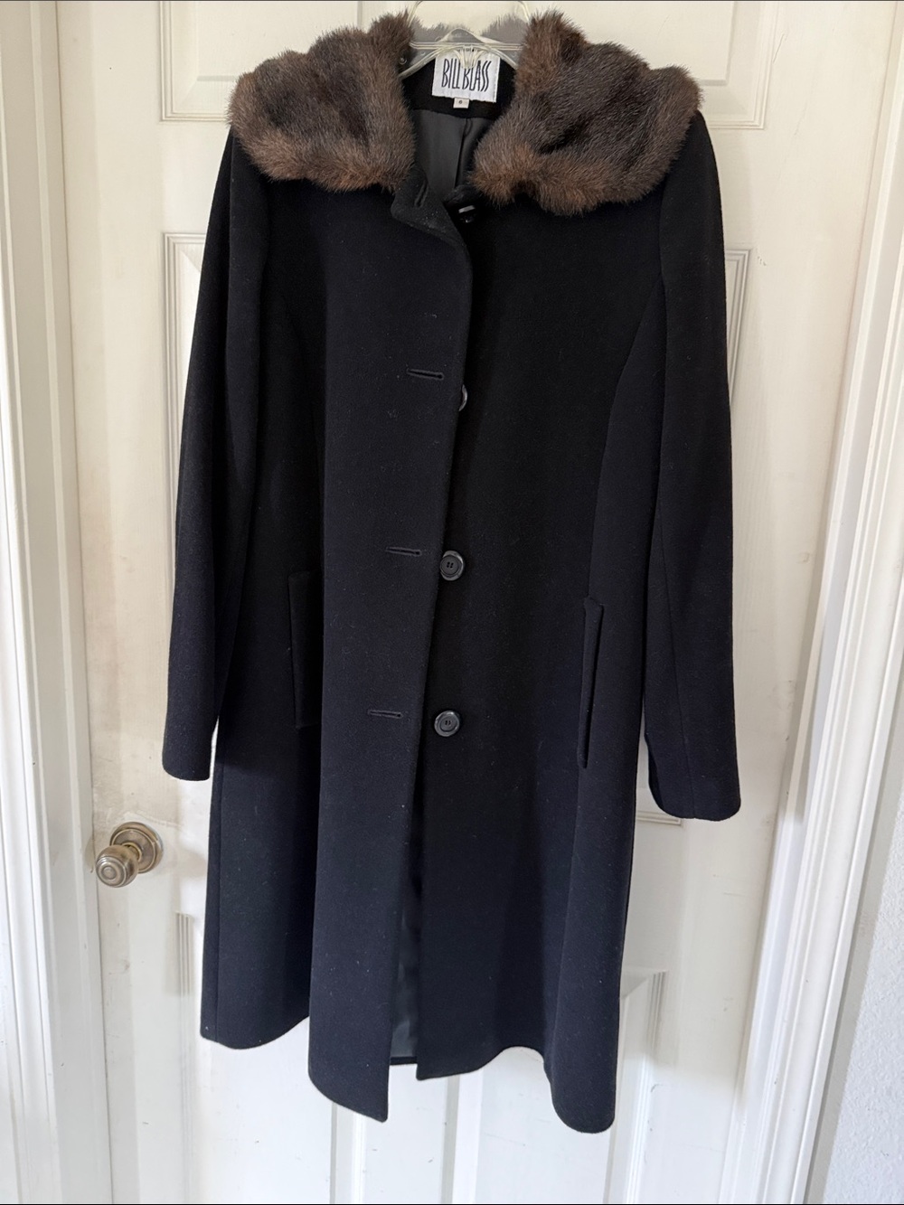 bill blass Black Wool Pea Coat with Brown Fur Collar